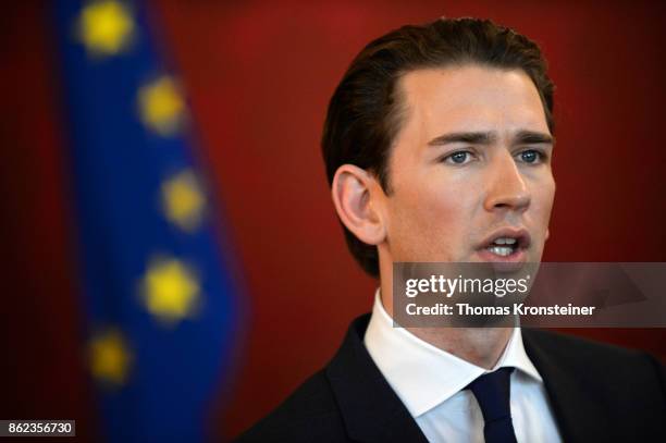 Austrian Foreign Minister and leader of the conservative Austrian People's Party Sebastian Kurz speaks to media after a meeting with Austrian...