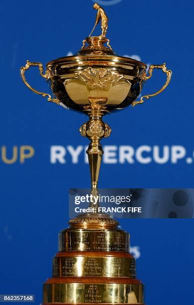 The Ryder Cup's trophy is presented during a press conference on october 17, 2017 in Paris.