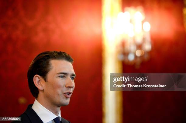 Austrian Foreign Minister and leader of the conservative Austrian People's Party Sebastian Kurz speaks to media after a meeting with Austrian...