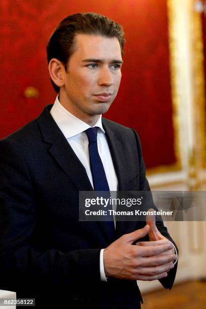 Austrian Foreign Minister and leader of the conservative Austrian People's Party Sebastian Kurz speaks to media after a meeting with Austrian...