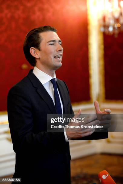 Austrian Foreign Minister and leader of the conservative Austrian People's Party Sebastian Kurz speaks to media after a meeting with Austrian...