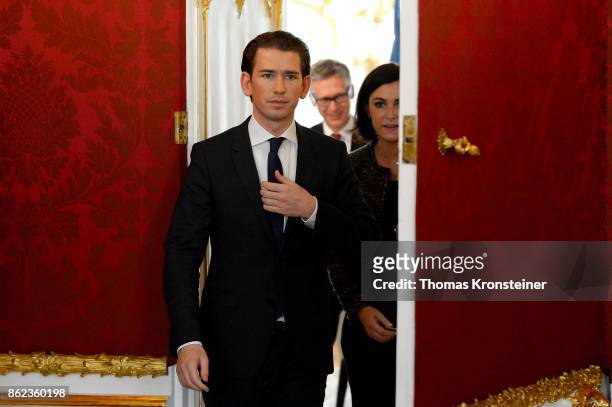 Austrian Foreign Minister and leader of the conservative Austrian People's Party Sebastian Kurz leaves a meeting with Austrian President Alexander...