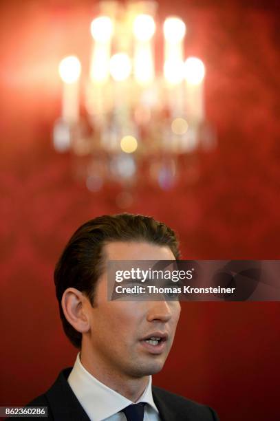 Austrian Foreign Minister and leader of the conservative Austrian People's Party Sebastian Kurz speaks to media after a meeting with Austrian...