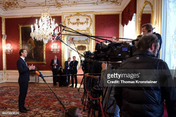 Austrian Foreign Minister and leader of the conservative Austrian People's Party Sebastian Kurz speaks to media after a meeting with Austrian...