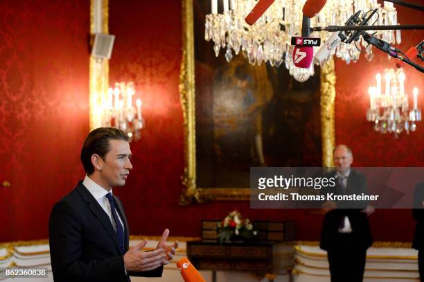 Austrian Foreign Minister and leader of the conservative Austrian People's Party Sebastian Kurz speaks to media after a meeting with Austrian...