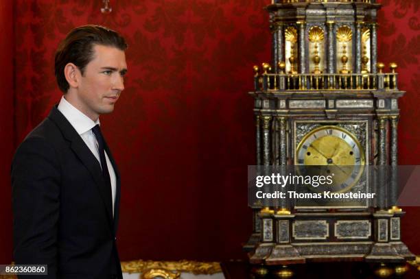 Austrian Foreign Minister and leader of the conservative Austrian People's Party Sebastian Kurz leaves a meeting with Austrian President Alexander...