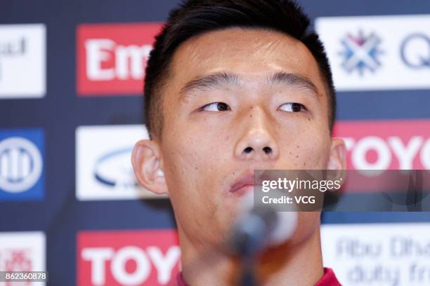 Player He Guan of Shanghai SIPG attends a press conference ahead of the AFC Champions League semi final second leg match between Urawa Red Diamonds...