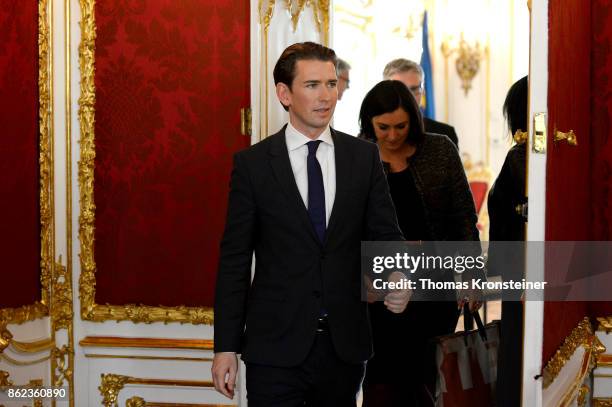 Austrian Foreign Minister and leader of the conservative Austrian People's Party Sebastian Kurz leaves a meeting with Austrian President Alexander...