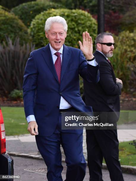 Former US President Bill Clinton arrives at the Culloden Hotel for a private meeting with Northern Ireland political leaders on October 17, 2017 in...