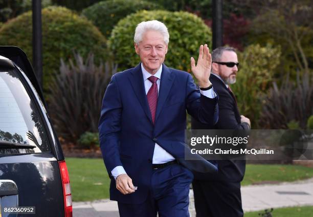 Former US President Bill Clinton arrives at the Culloden Hotel for a private meeting with Northern Ireland political leaders on October 17, 2017 in...