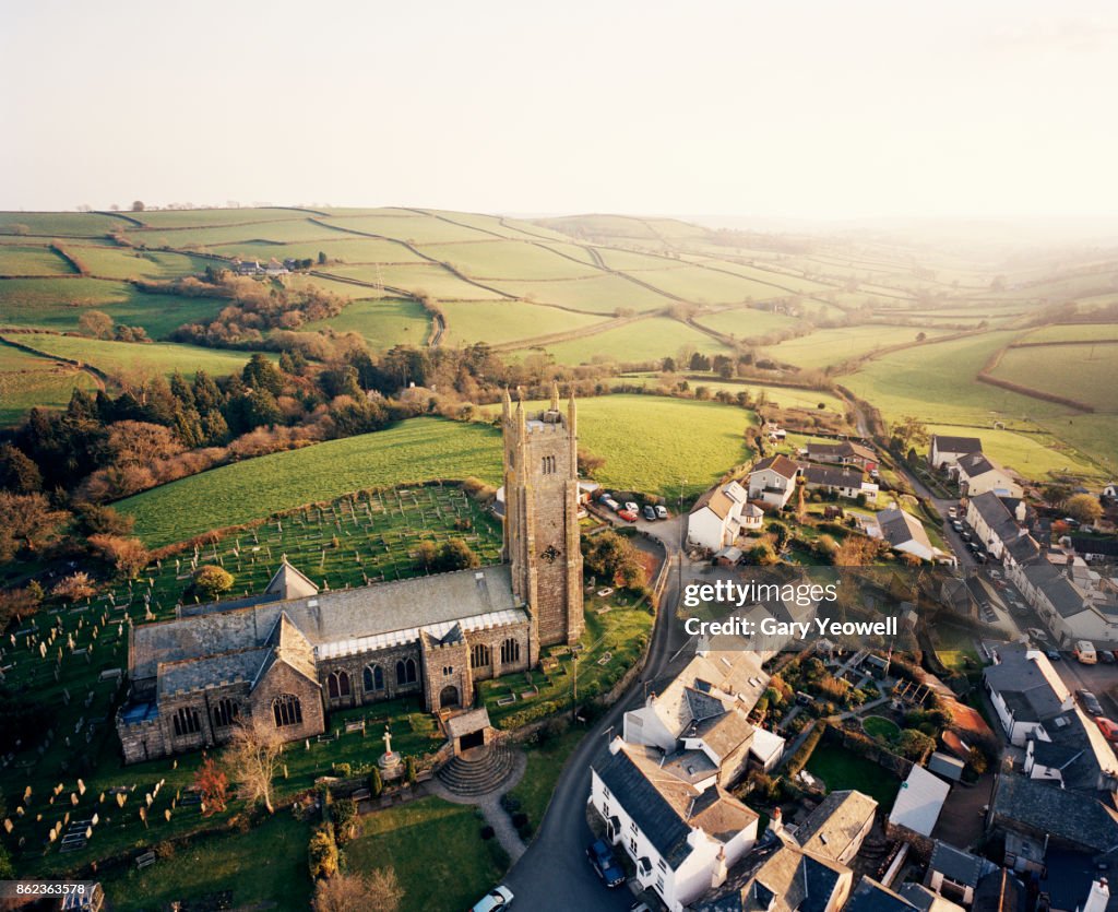 Aerial view over typical English town