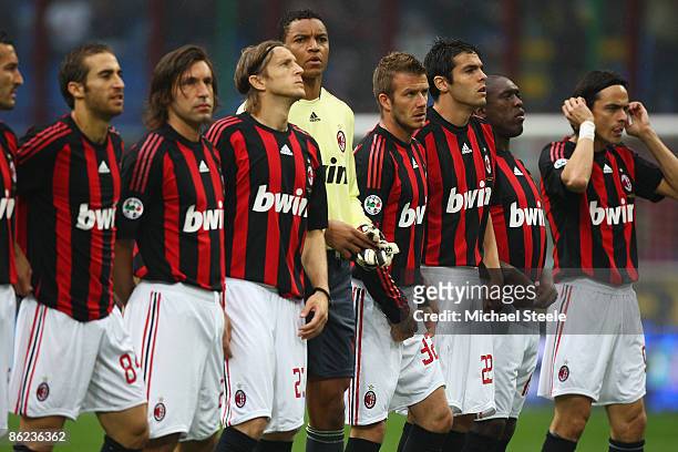 David Beckham of Milan lines up with his team mates before the Serie A match between AC Milan and US Citta di Palermo at the San Siro Stadium on...