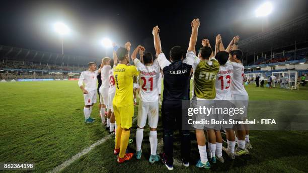 The team of Iran celebrate in a circle after winning the FIFA U-17 World Cup India 2017 Round of 16 match between Mali and Iraq at Pandit Jawaharlal...