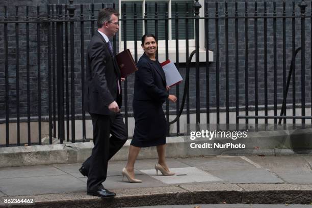 International Development Secretary Priti Patel leaves Downing Street, following a Cabinet meeting, London on October 17, 2017.