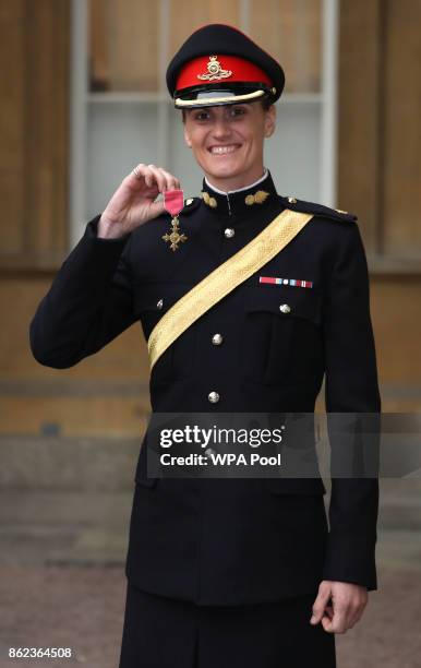 Major Heather Stanning after she was awarded an OBE for services to rowing by the Princess Royal during an Investiture ceremony at Buckingham Palace,...