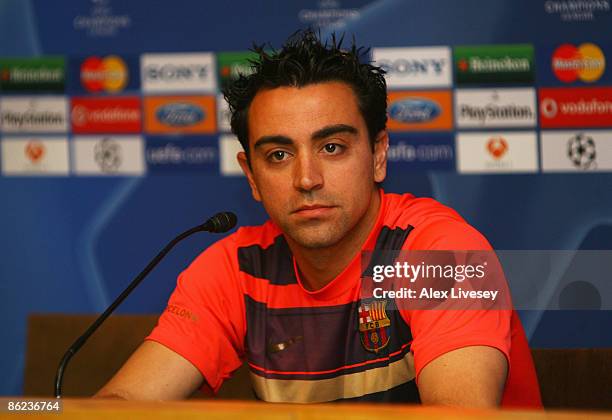 Xavi Hernandez of Barcelona talks during a press conference ahead of the UEFA Champions League Semi Final First Leg match between Barcelona and...