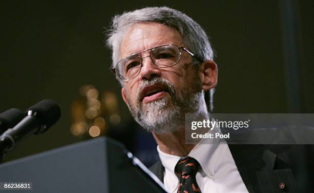 Dr. John Holdren, Presidential Science Advisor, introduces President Barack Obama before he speaks to the National Academy of Sciences on April 27,...