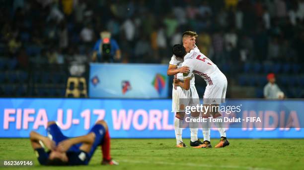 Nacho Diaz and Victor Chust of Spain celebrate beating France during the FIFA U-17 World Cup India 2017 Round of 16 match between France and Spain at...