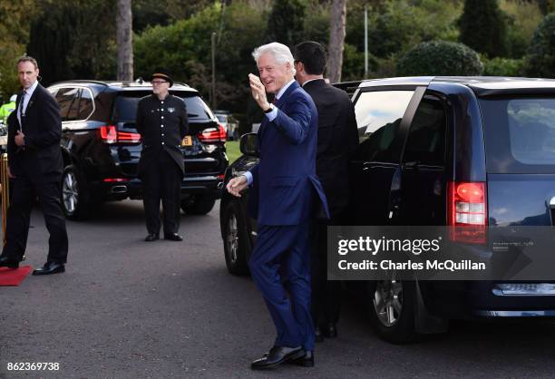 Former US President Bill Clinton arrives at the Culloden Hotel for a private meeting with Northern Ireland political leaders on October 17, 2017 in...