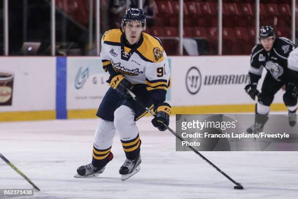 Mathieu Samson of the Shawinigan Cataractes skates with the puck against the Gatineau Olympiques on October 13, 2017 at Robert Guertin Arena in...