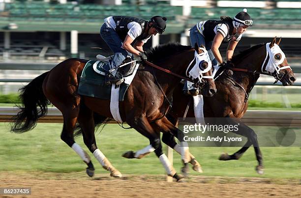 Flying Private with jockey Robby Albarado aboard runs on the track during the morning training for the 135th Kentucky Derby at Churchill Downs on...