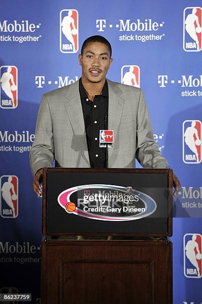 Derrick Rose of the Chicago Bulls speaks during a press conference during which he was awarded the Eddie Gottlieb trophy presented to the T-Mobile...