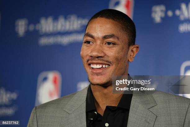 Derrick Rose of the Chicago Bulls speaks during a press conference during which he was awarded the Eddie Gottlieb trophy presented to the T-Mobile...