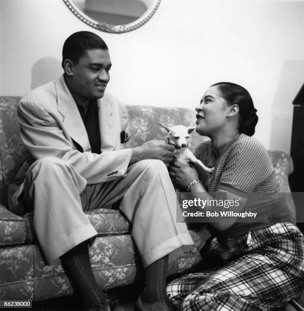 Photo of Billie HOLIDAY; w/ her husband & dog Peppi