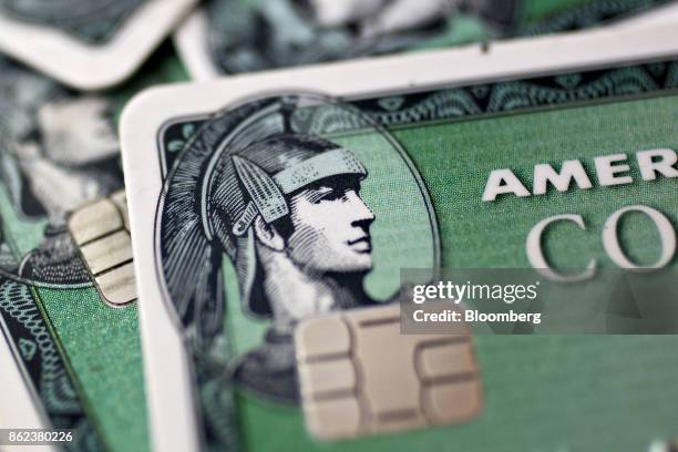 American Express Co. Chip credit cards are arranged for a photograph in Washington, D.C., U.S., on Monday, Oct. 16, 2017. American Express is...