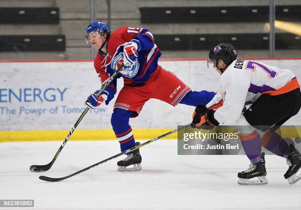 Sam Hentges of the Des Moines Buccaneers attempts a shot during the game against the Youngstown Phantoms on Day 4 of the USHL Fall Classic at UPMC...