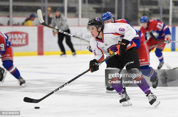 Max Ellis of the Youngstown Phantoms skates with the puck during the game against the Des Moines Buccaneers on Day 4 of the USHL Fall Classic at UPMC...