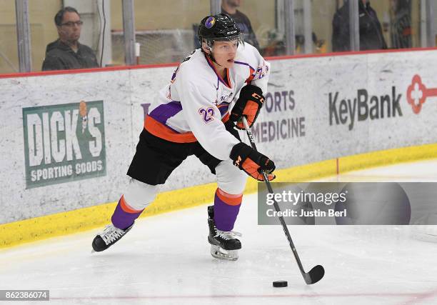 Zach Metsa of the Youngstown Phantoms skates with the puck during the game against the Des Moines Buccaneers on Day 4 of the USHL Fall Classic at...