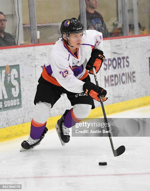 Zach Metsa of the Youngstown Phantoms skates with the puck during the game against the Des Moines Buccaneers on Day 4 of the USHL Fall Classic at...