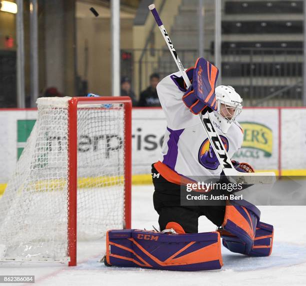 Wouter Peeters of the Youngstown Phantoms makes a save during the game against the Des Moines Buccaneers on Day 4 of the USHL Fall Classic at UPMC...