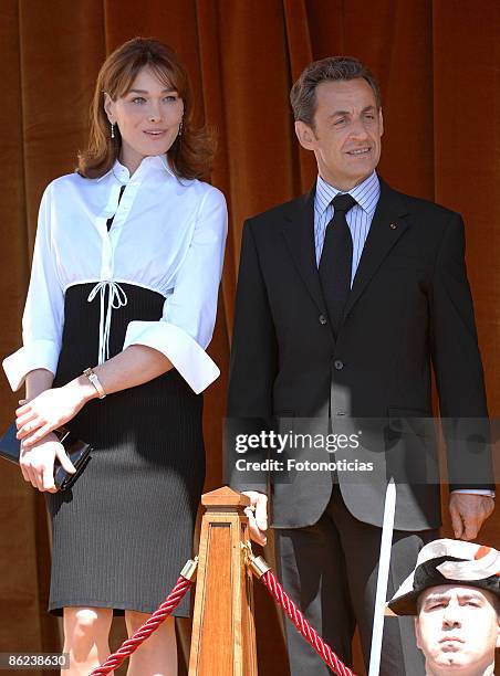 Carla Bruni Sarkozy and Nicolas Sarkozy are received by Spanish Royals at El Pardo Palace on April 27, 2009 in Madrid, Spain.
