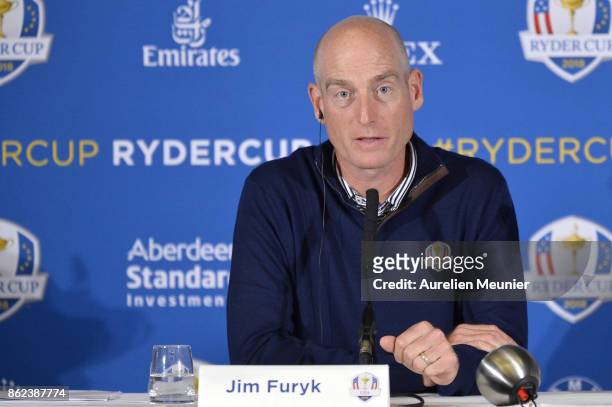 Jim Furyk, Captain of The United States of America speaks during a Ryder Cup 2018 Year to Go Captains Press Conference at the Pullman Paris Tour...