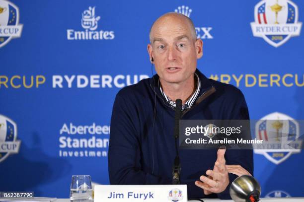 Jim Furyk, Captain of The United States of America speaks during a Ryder Cup 2018 Year to Go Captains Press Conference at the Pullman Paris Tour...