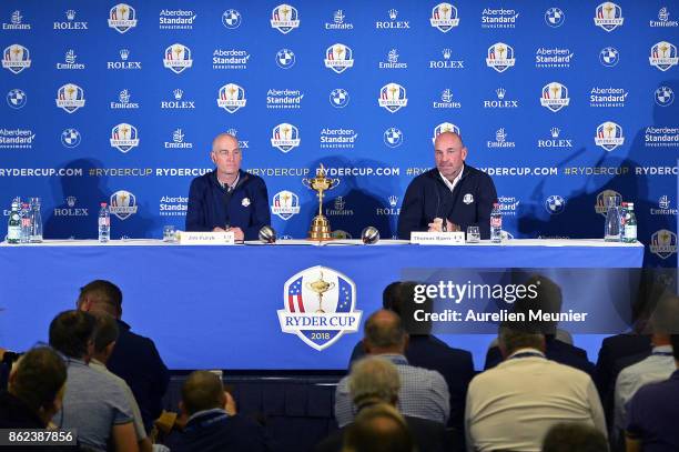 Jim Furyk , Captain of The United States of America and Thomas Bjorn , Captain of Europe speak during a Ryder Cup 2018 Year to Go Captains Press...