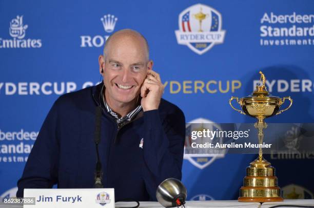 Jim Furyk, Captain of The United States of America speaks during a Ryder Cup 2018 Year to Go Captains Press Conference at the Pullman Paris Tour...