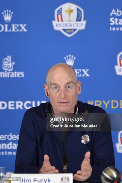 Jim Furyk, Captain of The United States of America speaks during a Ryder Cup 2018 Year to Go Captains Press Conference at the Pullman Paris Tour...