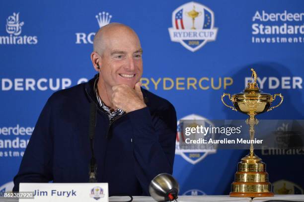 Jim Furyk, Captain of The United States of America speaks during a Ryder Cup 2018 Year to Go Captains Press Conference at the Pullman Paris Tour...