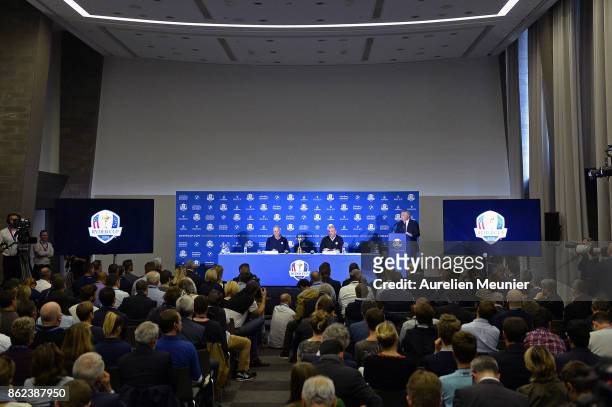 General view as Jim Furyk , Captain of The United States of America and Thomas Bjorn , Captain of Europe speak during a Ryder Cup 2018 Year to Go...