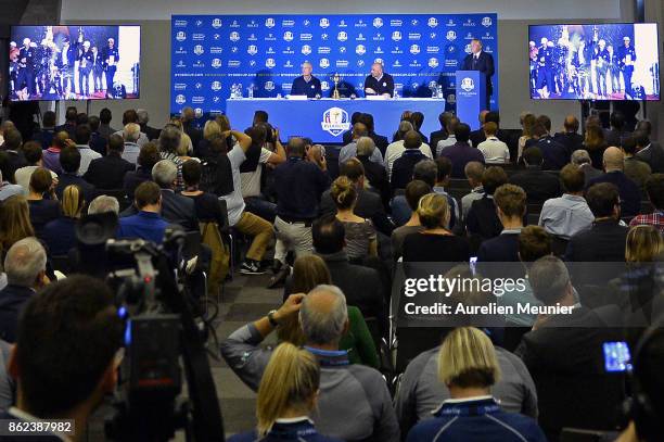 General view as Jim Furyk , Captain of The United States of America and Thomas Bjorn , Captain of Europe speak during a Ryder Cup 2018 Year to Go...