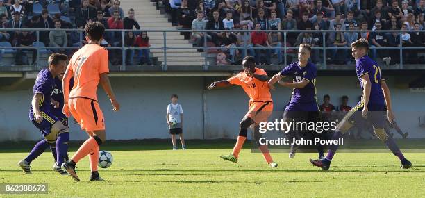 Bobby Adekanye of Liverpool scoring the fourth goal during the UEFA Youth League group E match between NK Maribor and Liverpool FC at on October 17,...