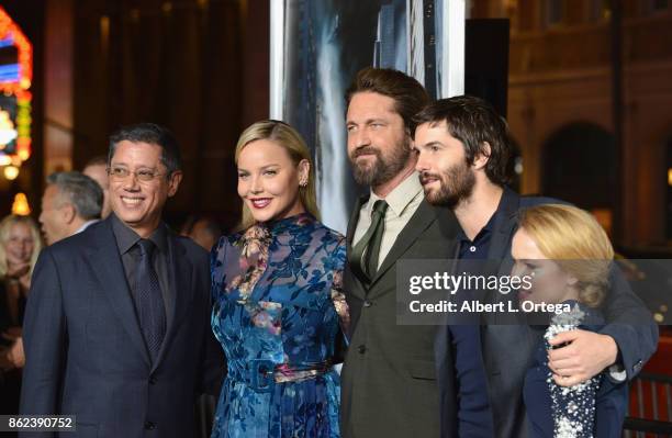 Director Dean Devlin with actors Abbie Cornish, Gerard Butler, Jim Sturgess and Talitha Bateman arrive for the Premiere Of Warner Bros. Pictures'...