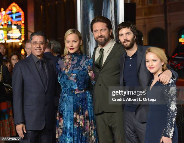 Director Dean Devlin with actors Abbie Cornish, Gerard Butler, Jim Sturgess and Talitha Bateman arrive for the Premiere Of Warner Bros. Pictures'...