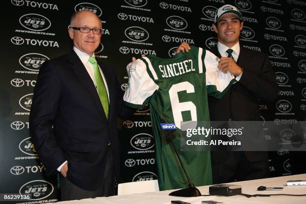 Owner Woody Johnson introduces Quarterback Mark Sanchez of the New York Jets to the media at the Atlantic Health Jets Training Center in Florham...