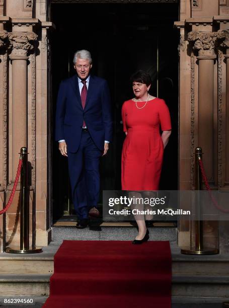 Former US President Bill Clinton stands alongside DUP leader Arlene Foster at the Culloden Hotel following a private meeting on October 17, 2017 in...