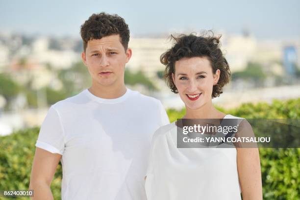 Actors Charlie Gustafsson and Hedda Rehnberg pose during the MIPCOM trade show in Cannes, southern France, on October 17, 2017.