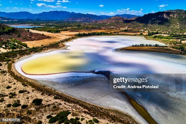 salt pond in sardinia, italy - zoutmijn stockfoto's en -beelden